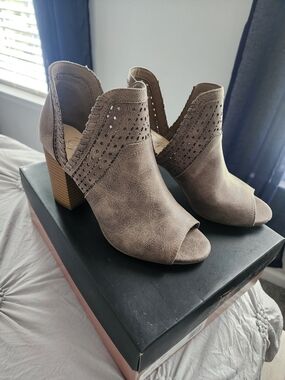 Fergie Taupe Peep-Toe Cutout Block Heel Booties